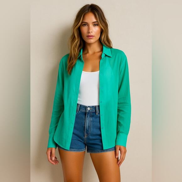 RETROFETE Button Up Blouse Top Turquoise Green Lightweight Long Sleeve Medium - Picture 1 of 6